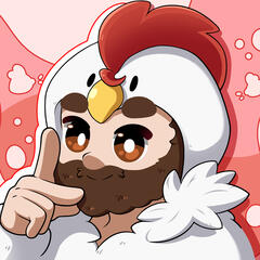RightBigChimken PNGtuber/Avatar A bearded cartoon character wearing a chicken costume rests his face in his hand, with pointed fingers. The background features red and pink shapes.